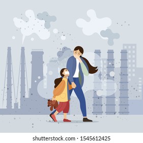 Mom And Daughter Walk Along The Dusty, Polluted Street Of Industrial City Near Factories, Smoking Pipes, Industry Smoke, Smog. Pollution Environmental, Air Pollution City Cartoon Vector Illustration