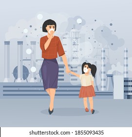 Mom and daughter walk along the dusty, polluted street of industrial city near factories, smoking pipes, industry smoke, smog. Pollution environmental, air pollution city cartoon vector illustration