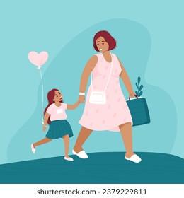 Mom and daughter walk holding hands. The child has a heart ball in his hand. Summer season. Flat vector illustration.