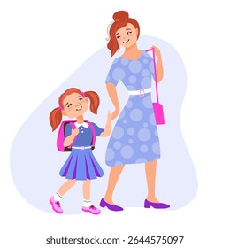 Mamãe e filha vão para a escola andando. Cena familiar, passear, cuidar, cuidar dos pais. Uma mãe e uma filha, ambas vestidas com vestidos azuis, olham uma para a outra, conversando e sorrindo. Ilustração plana vetorial. 