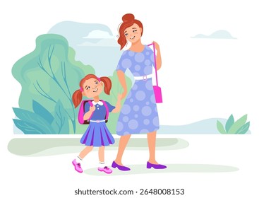 Mamãe e filha vão para a escola andando pelo parque. Cena familiar, cuidados, paternidade. Uma mãe e uma filha, ambas vestidas com vestidos azuis, olham uma para a outra, conversando e sorrindo. Ilustração de vetor plano