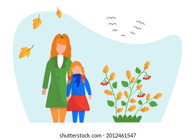 Mom and daughter are walking in the autumn park. Fall. Birds fly south. Vector illustration in flat style