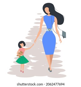 Mom and daughter are walking down the street. The daughter reaches out to take her mother by the hand. Flat vector illustration in pastel colors