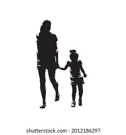 Mom and daughter walking and holding hands, isolated vector silhouette, front view