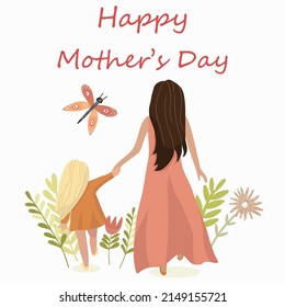 Mamá con su hija caminando con las manos, visión trasera, ilustración vectorial, flores, mariposa, feliz día de la madre.