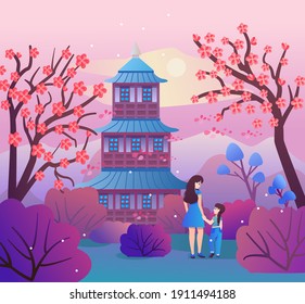 Mom and daughter walking in the spring park. Beautiful Japanese landscape with cherry blossoms, mountains, pagoda. Vector illustration with sakura blossoms in a flat style. Asian Temple, Mountains