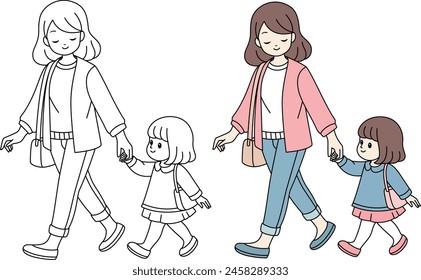 Mom and daughter are walking together coloring page isolated on white background. Mother's Day hand drawn illustration colouring book for kids