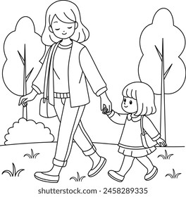 Mom and daughter are walking together coloring page in the park background. Mother's Day hand drawn illustration colouring book for kids