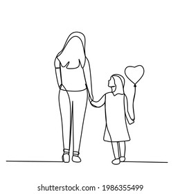Mom   daughter walking together holding balloons continues line drawing  Mother's day concept 