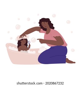 Mom And Daughter. Washing Kid In Bath, Soap Bubble, Foam, Washcloth, Playing. Flat Style In Vector Illustration. Family Day, Child Education, Single Mother, Black Skin People. Isolated.