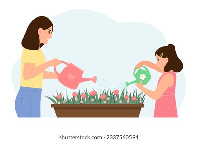 Mom and daughter watering flowers.Houseplant care hobby and family housekeeping chores, parental child care, homeschooling. Vector illustration
