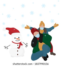 Mom and daughter in the winter in masks made a snowman. Vector image, eps 10