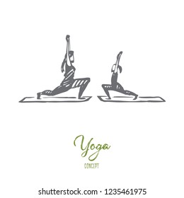 Mom, daughter, yoga, family concept. Hand drawn mother and daughter doing yoga exercises together concept sketch. Isolated vector illustration.