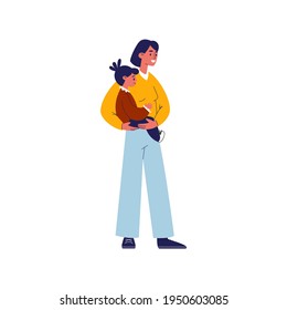 Mom and daughter. Young mother with her daughter. Mother in casual clothes holds her little child in her arms. Vector illustration cartoon family isolated on white background.