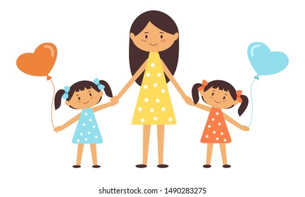 Mom and daughters hold hands, spend time together. Little girls holding balloons.