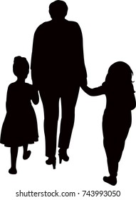 mom and daughters walking silhouette vector