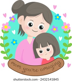 mom day hand drawn cartoon mother hugging her daughter vector illustration