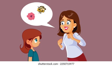 
Mom Discussing Health Education with Daughter Vector Cartoon Illustration. Mom and little girl talking about reproduction in a metaphoric way 
