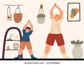 Mom is doing exercise with her son at home. The family goes in for sports together. Vector illustration hand drawn