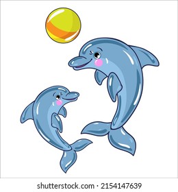 Mom dolphin is playing ball with a baby. Vector drawn illustration flat cartoon style.