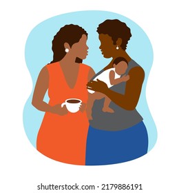 Mom drinks coffee while grandmother holds a newborn in her arms. Caring for the grandchildren of relatives. Child-parent relationship. Help for young parents. Surrounded black family community 