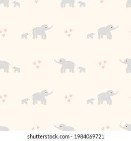 Mom elephant and baby elephant seamless pattern. Cartoon elephants, the love of mother and child. Cute design for baby wallpaper, packaging, fabric. Vector illustration of an elephant and hearts.