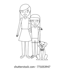 mom embracing with her daughter and dog
