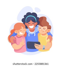 Mom Embracing Kids Loving and Feeling Happy Taking Selfie with Tablet Vector Illustration