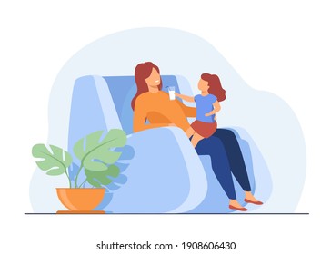 Mom Enjoying Leisure Time With Kid At Home. Little Daughter, Child With Glass Of Milk. Flat Vector Illustration. Parenthood, Family, Nutrition Concept For Banner, Website Design Or Landing Web Page