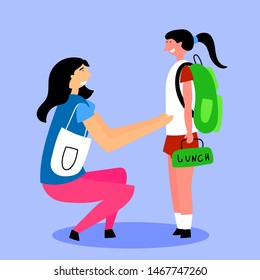 Mom escorts daughter to school girl. Back to school. Editable Vector Illustration