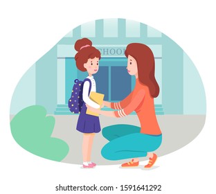 Mom escorts daughter to school vector cartoon. Mother hugging female child, giving parting words, wishing good luck, expressing love and care. Back to school and education flat illustration