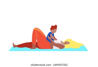 Mom exercising with her little baby. Colorful vector illustration,