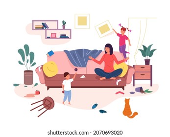 Mom family chaos. Calm mother and naughty children home room, equanimity parent in household, parenting stress, children run and jump indoor mess, nurture kid garish vector illustration