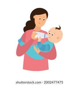 Mom feeding baby milk from bottle. Young care mother with love holding newborn on hands. Flat cartoon vector illustration isolated on a white background.