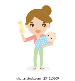 Mom with feeding bottle baby.vector design illustration.