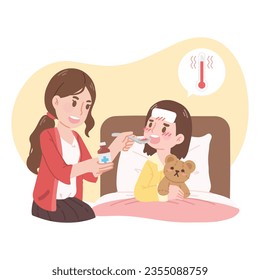 Mom feeding cough syrup to sick daughter, High fever child taking medicine, flu and illness treatment, girl resting to recover in bed with cooling fever patch on forehead. Vector illustration isolated