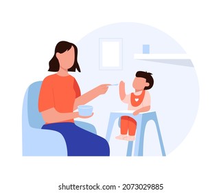 Mamá alimentando a su hijo, ilustración vectorial de dibujos animados aislada de fondo blanco. Nutrición saludable para los bebés. El niño no quiere comer.