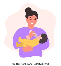 Mom feeds baby from a bottle. Happy woman holding child in her arms. Vector flat graphics.