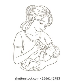Mom feeds the baby with a bottle of milk or formula, feeding the baby in her arms.