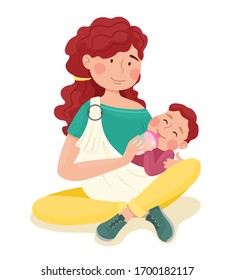 Mom feeds the baby from the bottle. Sling. Vector illustration. Mothers Day.