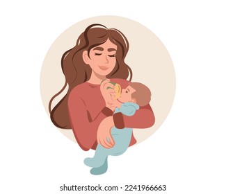 Mom feeds the baby in her arms. Flat vector illustration