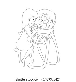 Mom feeds baby from spoon with complementary food, which she holds in her hand in a plate, illustration is made in line art style, in gray