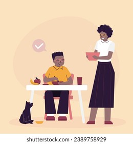 Mom feeds the boy lunch or dinner. Little kid do breakfast with healthy food. African american boy eating breakfast at table. Daily nutrition. Parent giving food to child. flat vector illustration