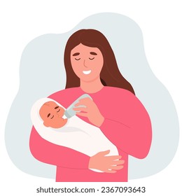 Mom feeds the child milk from a bottle. Happy family taking care of a little baby. Vector flat graphics.