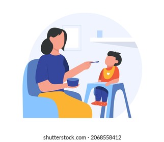 Mom feeds the little baby, cartoon vector illustration isolated on white background. Healthy nutrition for babies.