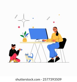 Mom Freelancer At Desk With Child Playing And Cat Nearby In Flat Vector Illustration Symbolizing Work Life Balance, Parenthood, And Freelance Work, Isolated On White Background