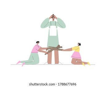 Mom is frustrated regarding children's quarrel. Boy and girl pull toy to one another. Frustrated and exhausted parents concept. Vector illustration.