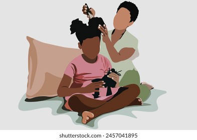 Mom gently combing her daughter's Afro hair, styling it into two neat buns. Black mom caring for her young child's coily hair