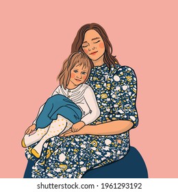 Mom gently hugging her daughter with a lot of love. Mother's day or March 8 card, holiday concept. Cartoon flat isolated vector design.