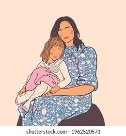 Mom gently hugging her daughter with a lot of love. Mother's day or March 8 card, holiday concept. Cartoon flat isolated vector design.